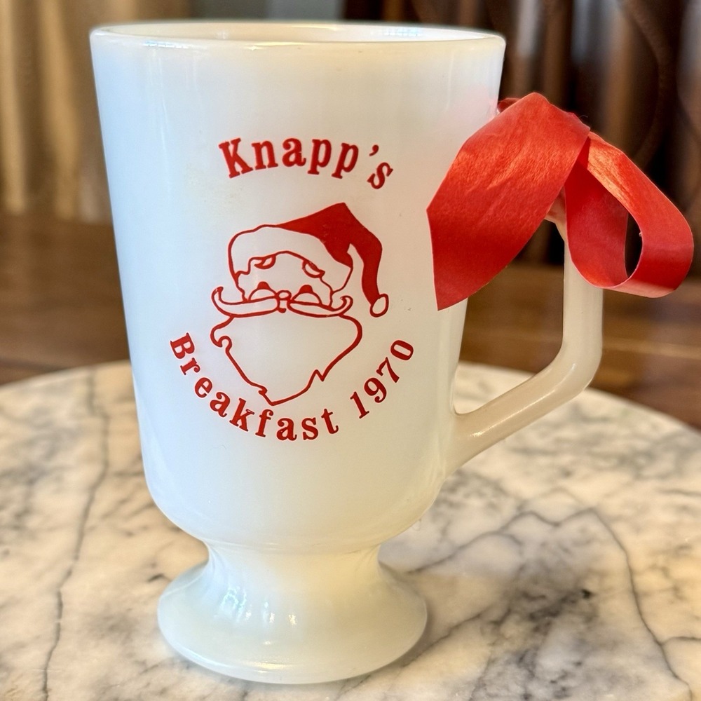 VTG Anchor‎ Hocking Fire King 1970 Knapp's Christmas Santa White Milk Glass Cup